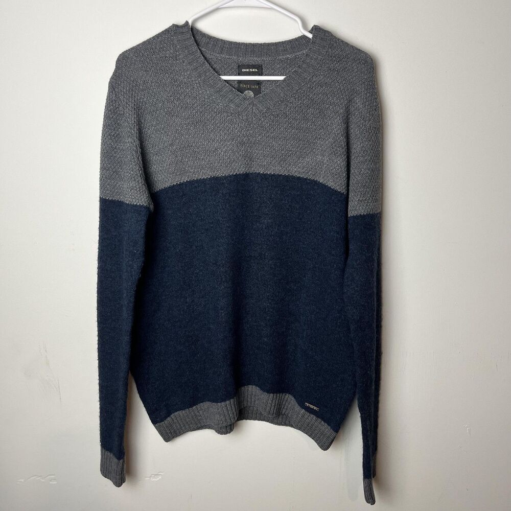 Diesel Sweater Mens Large Gray Navy Colorblock‎ V Neck Knit Pullover Ribbed Hem